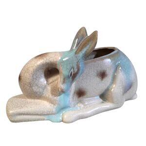Vtg Pottery Deer Sleeping Planter Vase White Blue Accents Table Decor